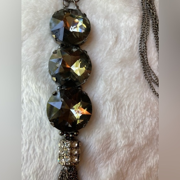 Metal Tassel Necklace‎ with 3 Large Faceted Stones - Picture 1 of 10